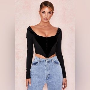 House of CB Black Off-Shoulder Velvet-Trim Crop Top